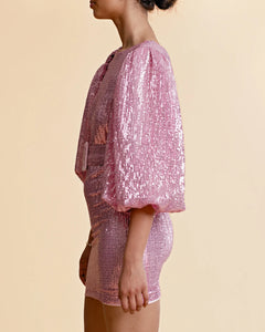 Sequins Puff Sleeve Mini Dress - Pink