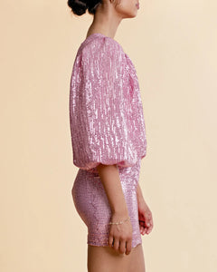 Sequins Puff Sleeve Mini Dress - Pink