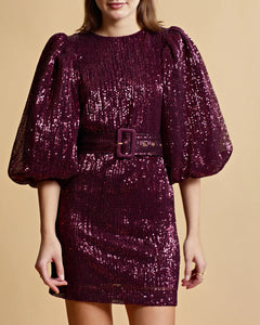 Sequins Puff Sleeve Mini Dress - Plum