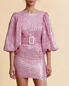Sequins Puff Sleeve Mini Dress - Pink