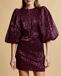 Sequins Puff Sleeve Mini Dress - Plum