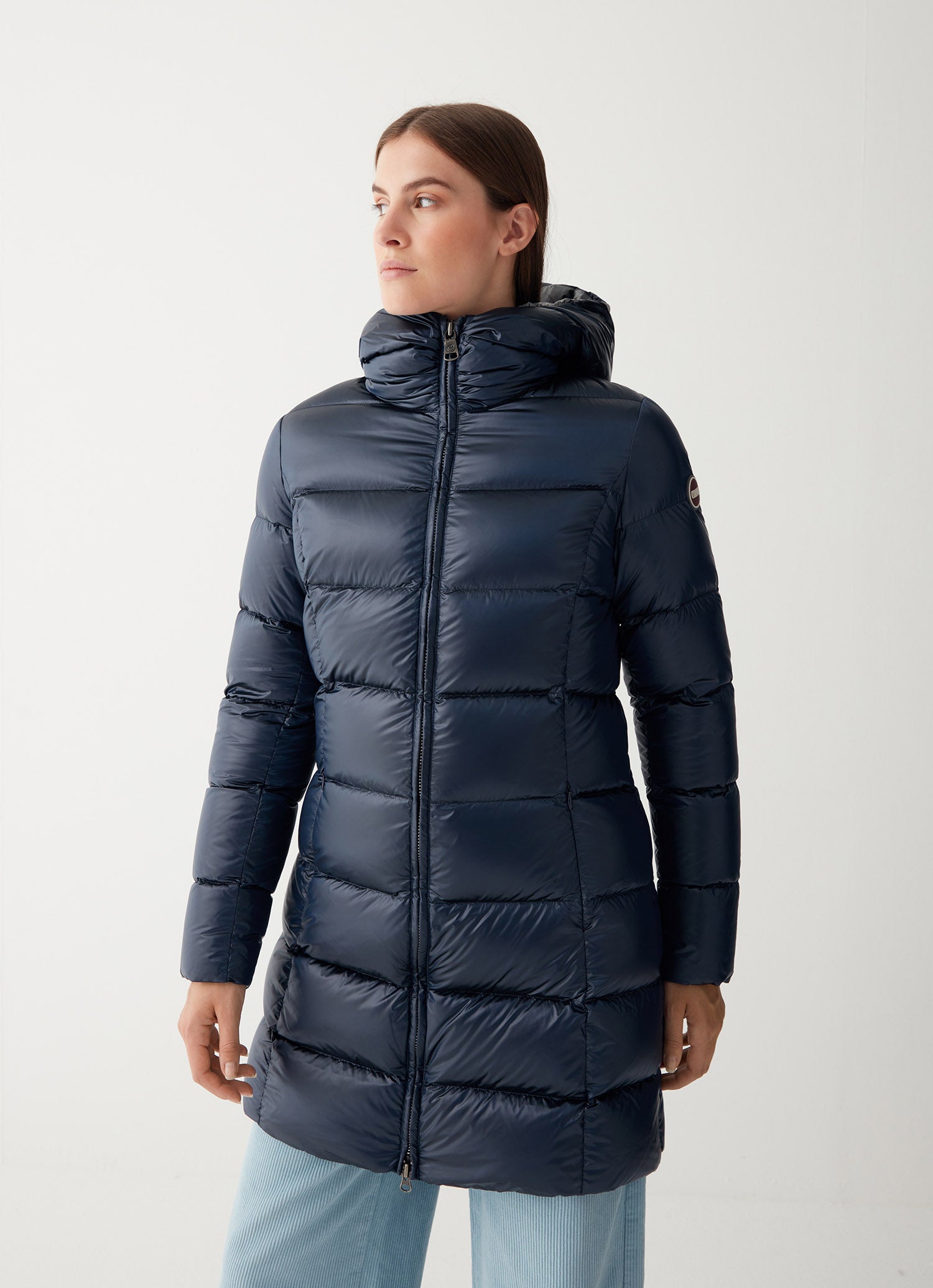 Long Iridescent Down Jacket - Navy Blue/Dark Steel