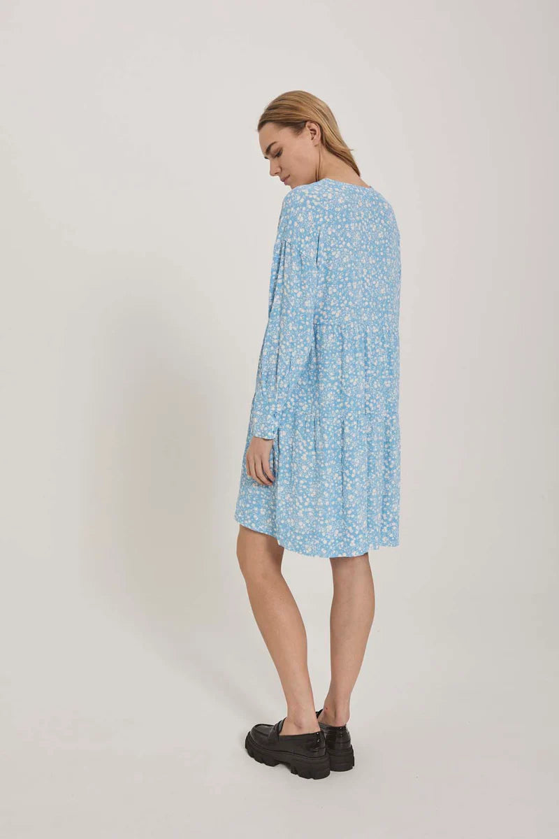 Bomba Short Dress - Blue W. White Flower Print