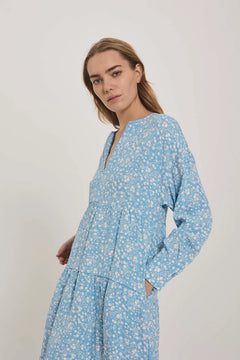 Bomba Short Dress - Blue W. White Flower Print