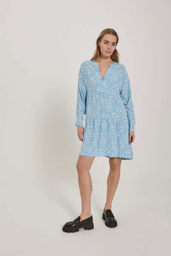 Bomba Short Dress - Blue W. White Flower Print