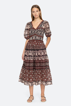 Danae Print Puff Slv Smocked Dress - Red