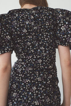 Sandrine Print Puff Dress - Black Flower Print
