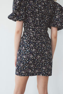 Sandrine Print Puff Dress - Black Flower Print