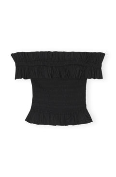 Cotton Poplin Off-Shoulder Smock Top - Black