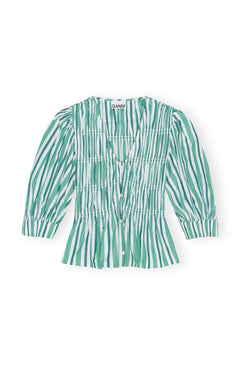 Stripe Cotton V-Neck Fitted Blouse - Creme De Menthe