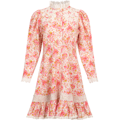 Linen Button Down Dress - Pink Flowers