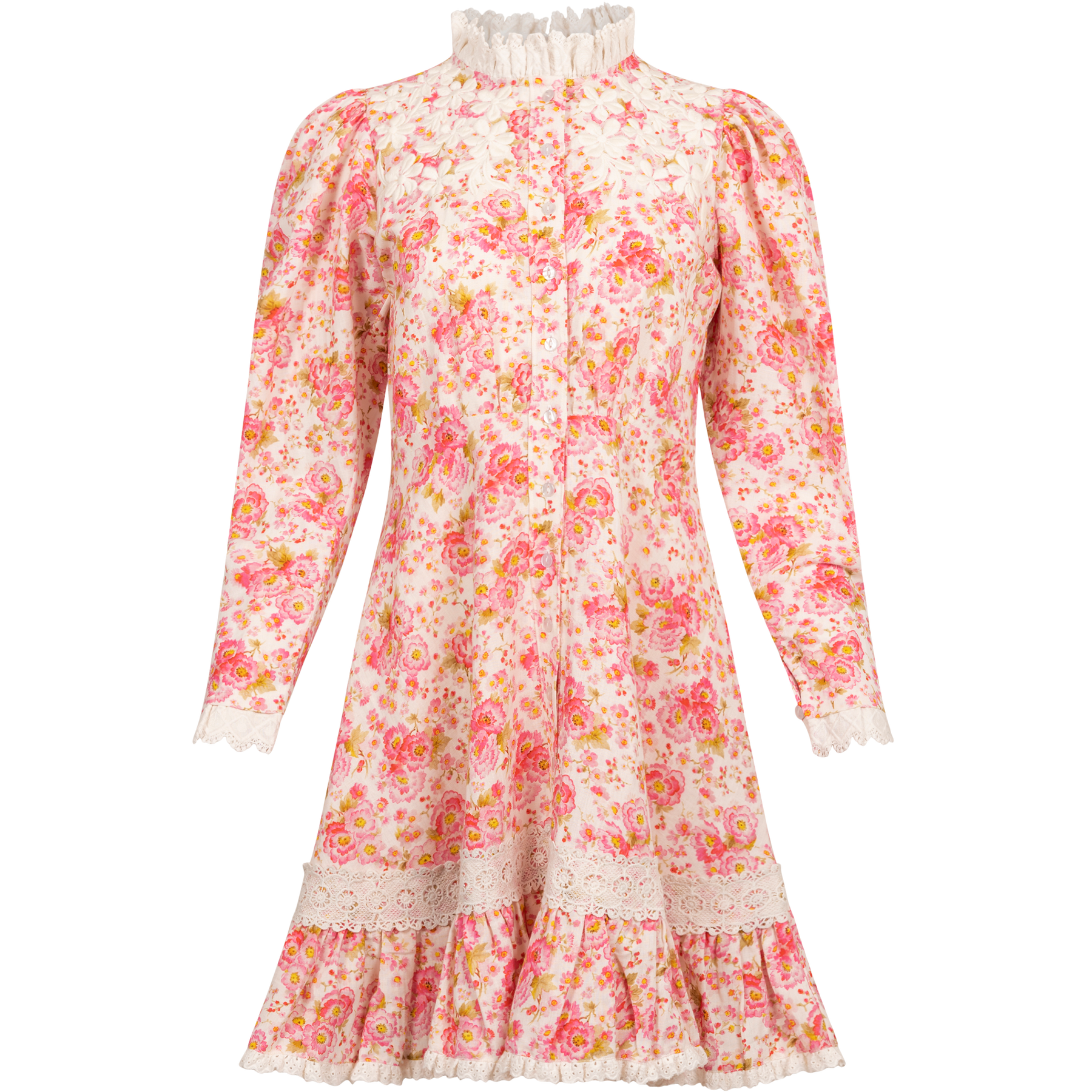 Linen Button Down Dress - Pink Flowers