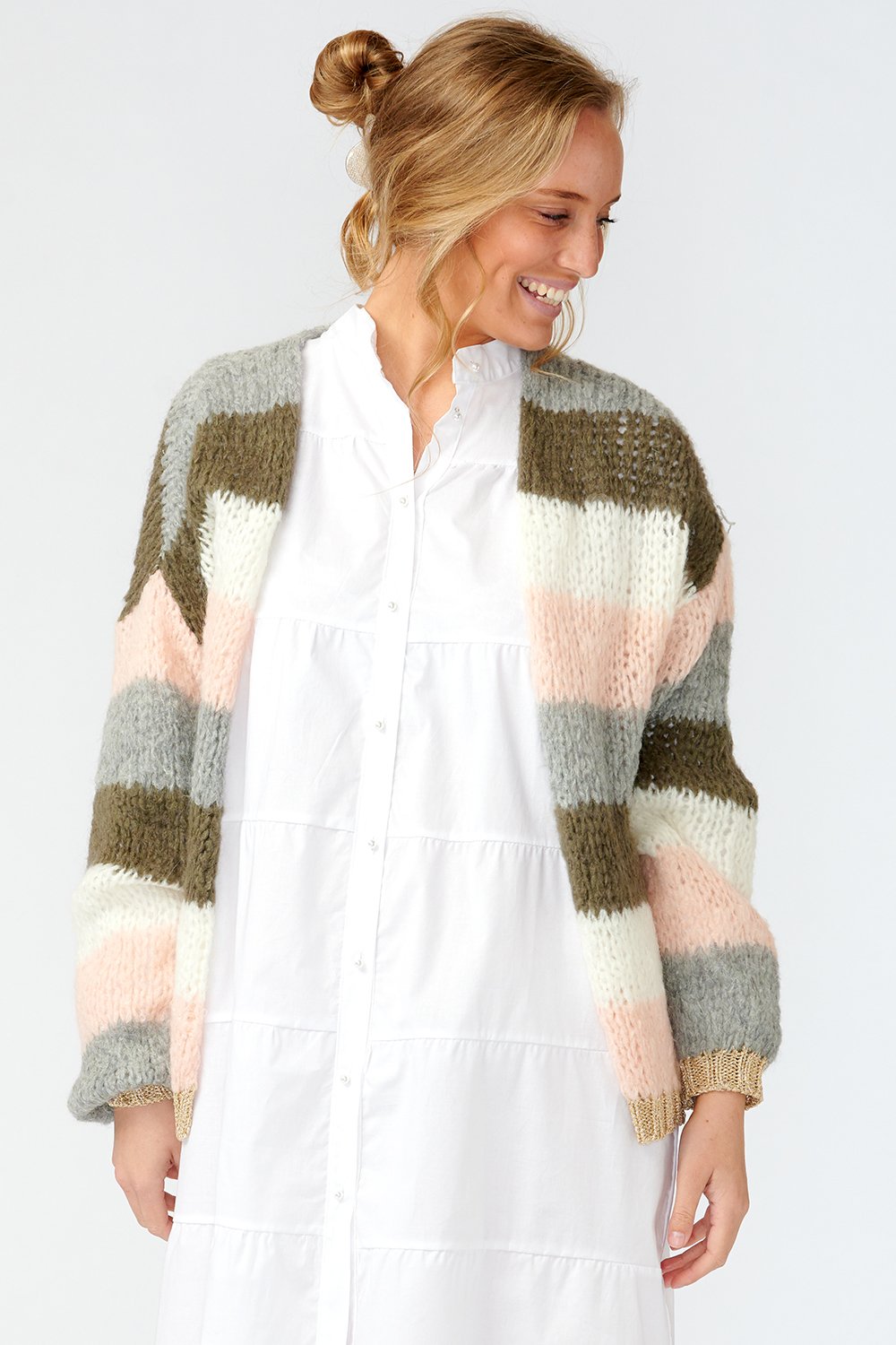 Kala Knit Cardigan Wool - Olivegreen/Rose Stripes