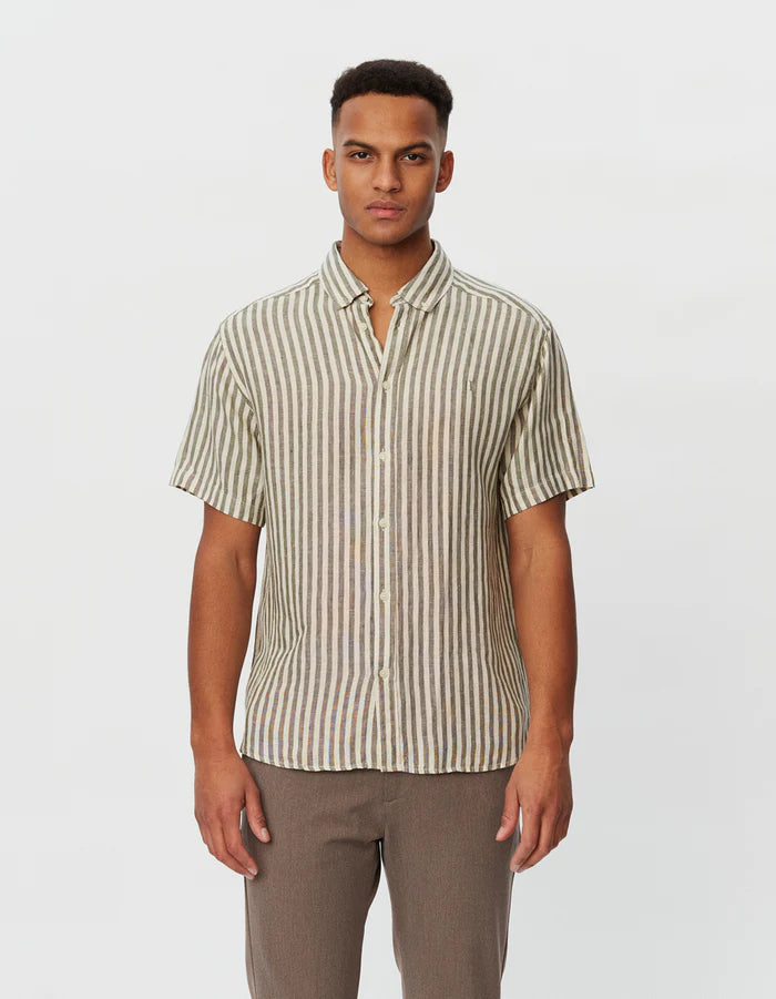 Kris Linen Ss Shirt - Ivory/Olive Night