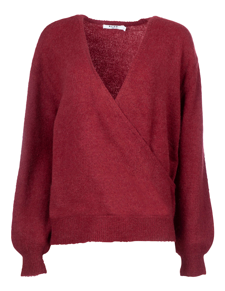 V-neck Overlap Knitted Sweater - Bordeaux - NA-KD - Gensere - VILLOID.no