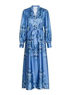Nova Paisley Border Dress - Dusty Blue