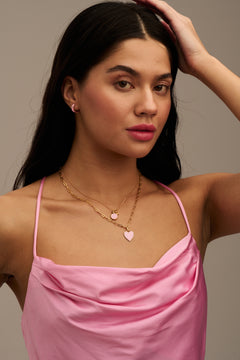Pink Enamel Huggie Hoop Earrings With Swarovski Crystals - Pale Gold