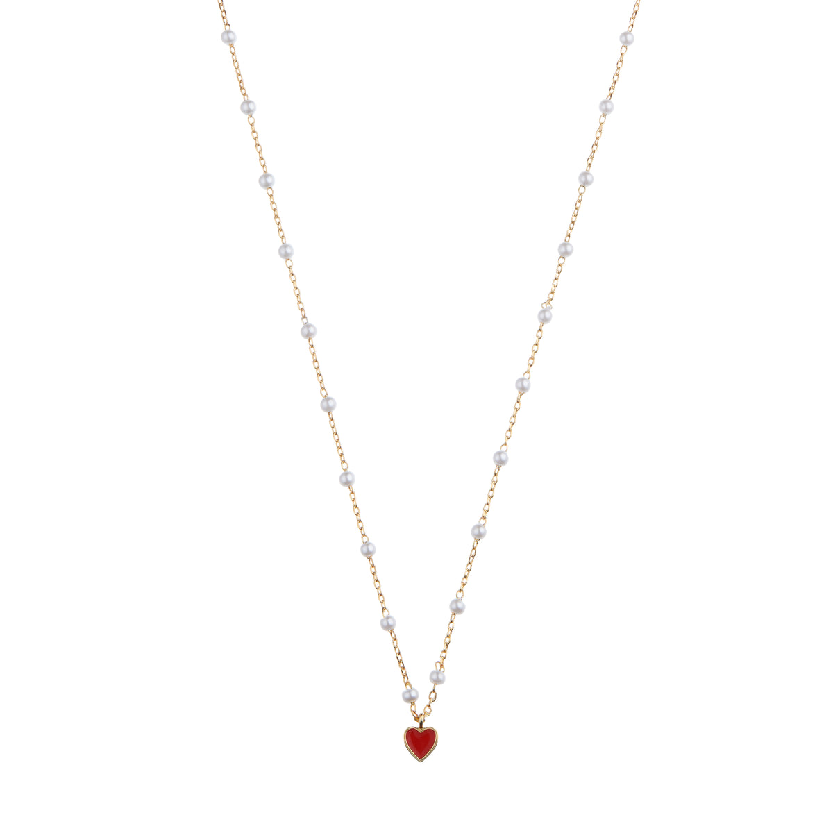 Mini Enamel Heart Pearl Chain Necklace - Red