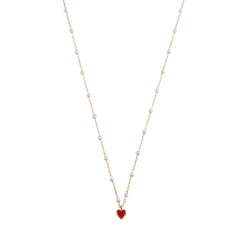 Mini Enamel Heart Pearl Chain Necklace - Red
