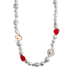Statement Pearl & Glass Heart Bead Necklace - Pearl