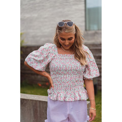 Rikka Top - White With Rose Flowers