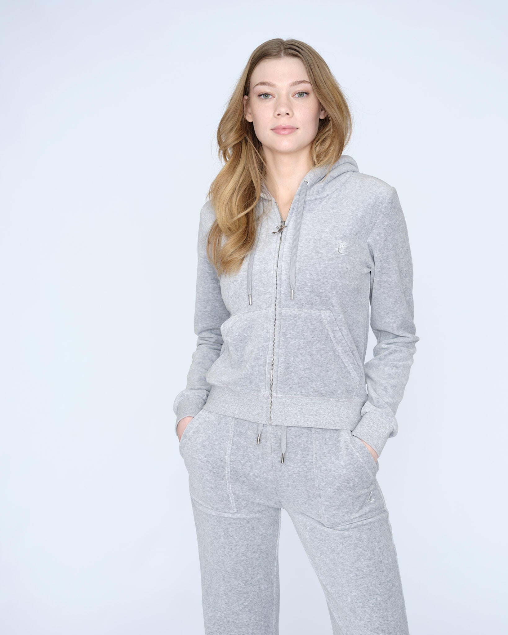 Robertson Classic Velour Zip Hoodie - Silver Marl