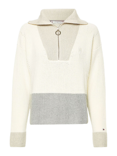 Colour-Blocked Half-Zip Relaxed Fit Jumper - Ecru Grey Oat