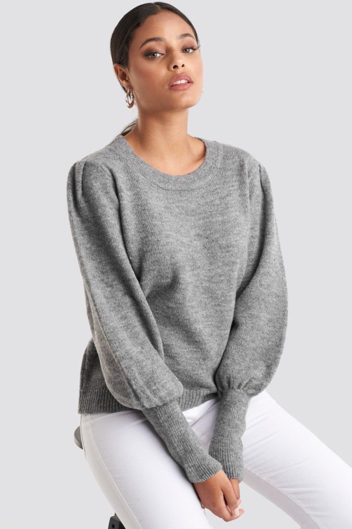 Puff Sleeve Wide Rib Knitted Sweater - Grey - NA-KD - Gensere - VILLOID.no