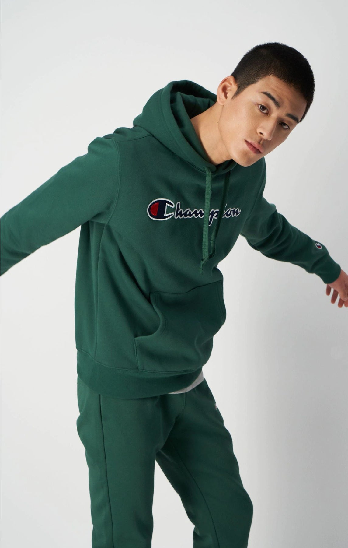 Script Logo Embroidery Fleece Hoodie - Forest Green