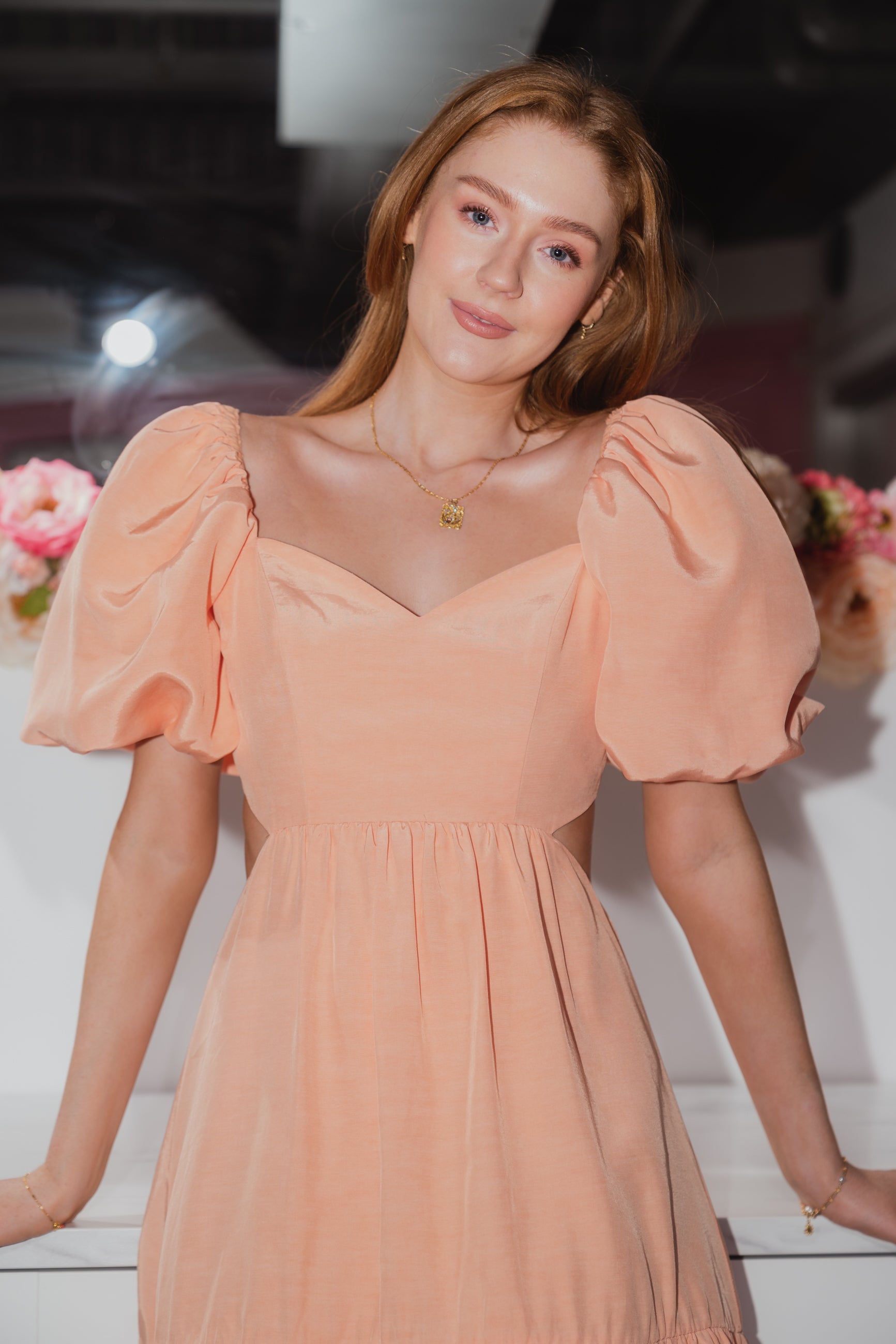 Louisa Pouf Sleeve Cut Out Mini Dress - Apricot