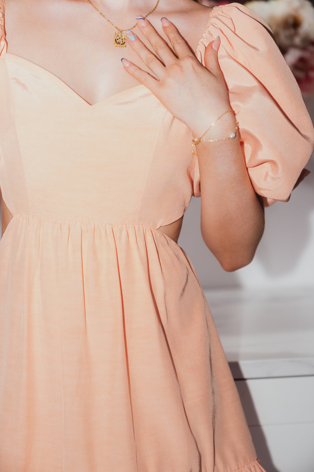 Louisa Pouf Sleeve Cut Out Mini Dress - Apricot