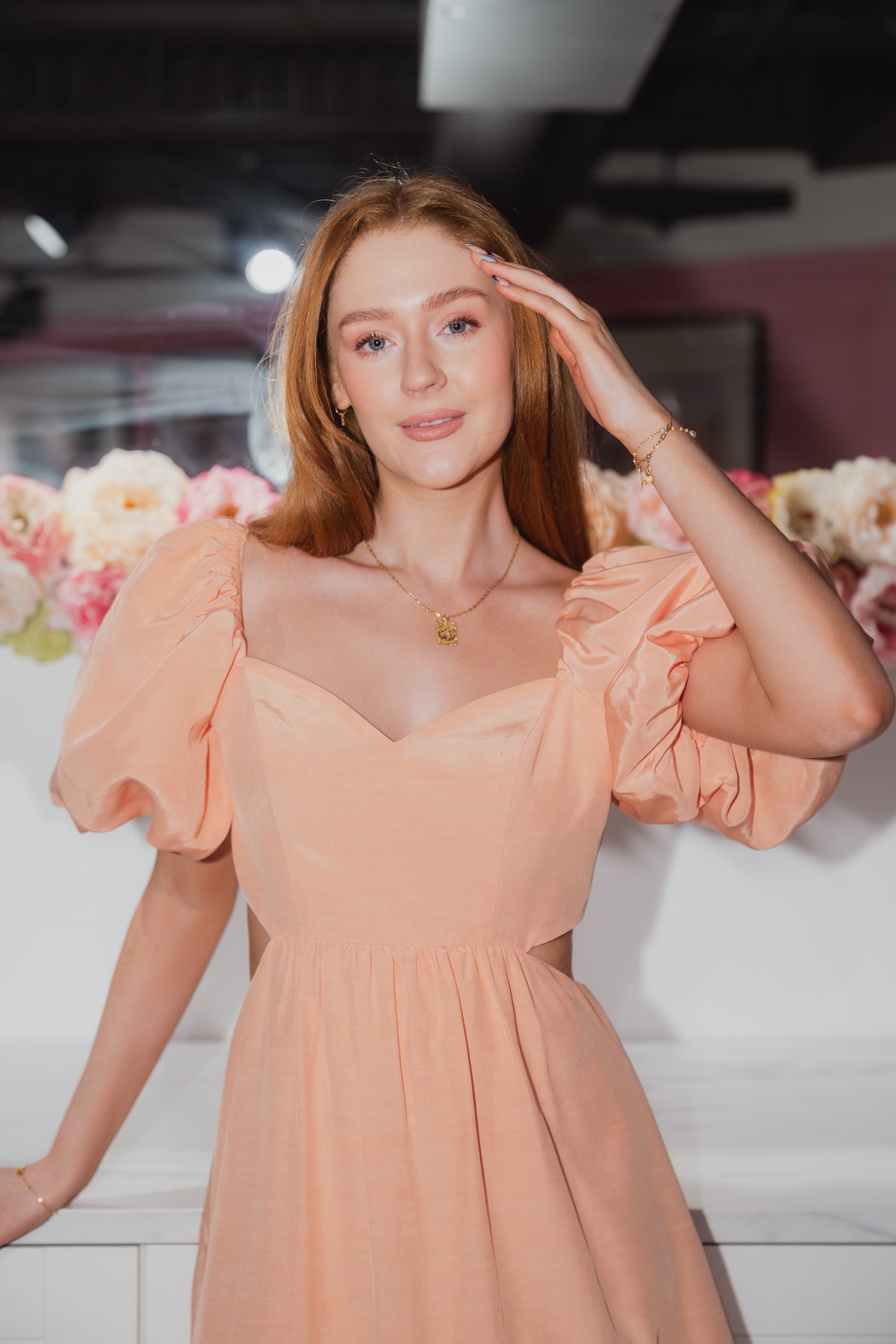 Louisa Pouf Sleeve Cut Out Mini Dress - Apricot