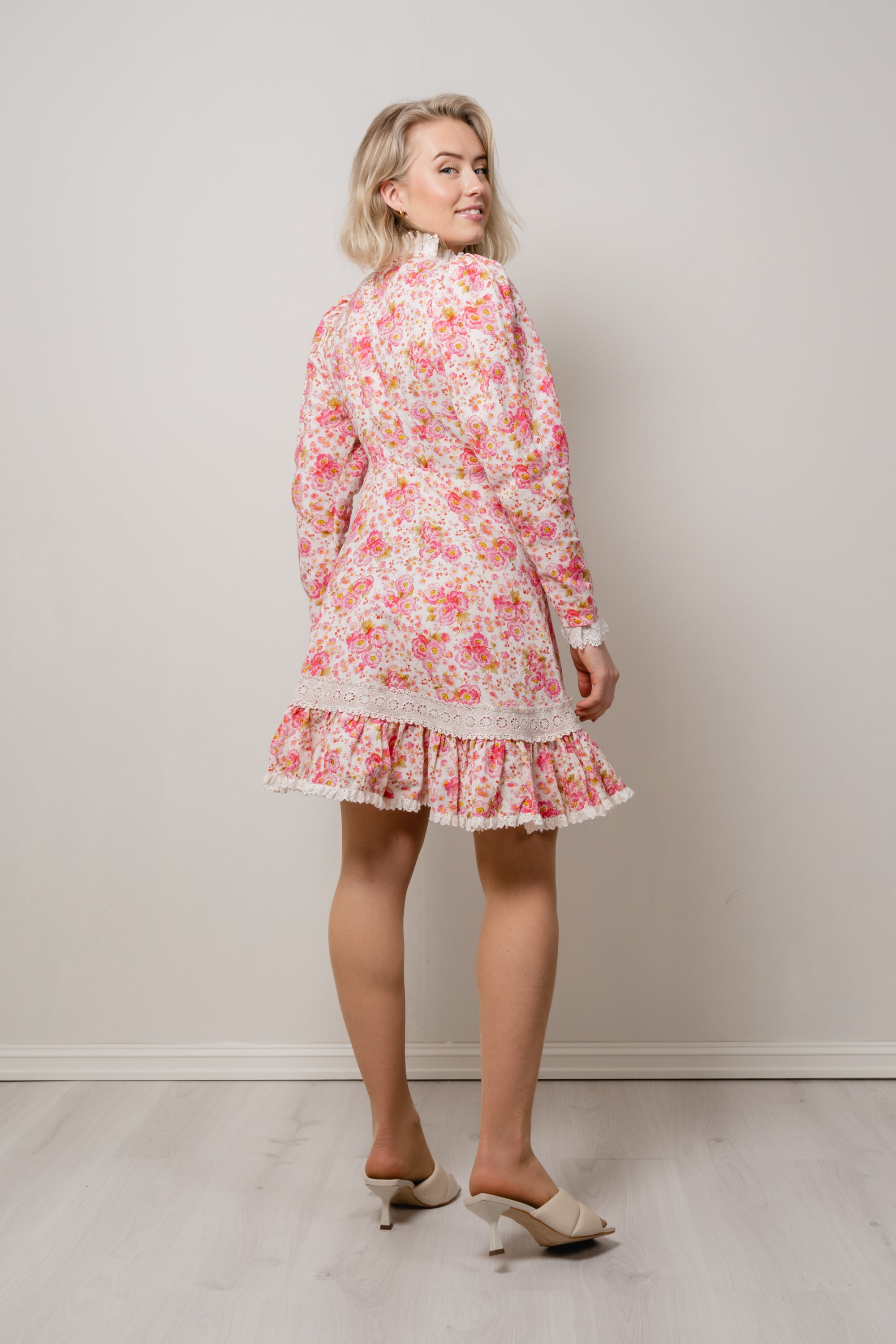 Linen Button Down Dress - Pink Flowers