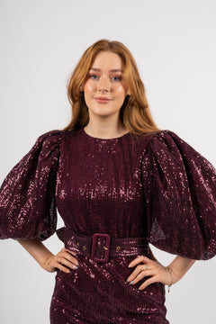 Sequins Puff Sleeve Mini Dress - Plum