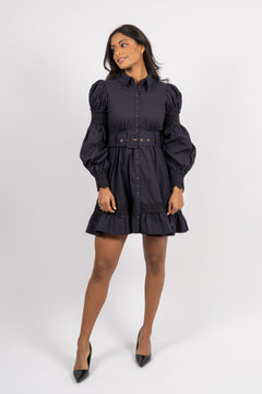 Winter Cotton Belt Dress - Navy