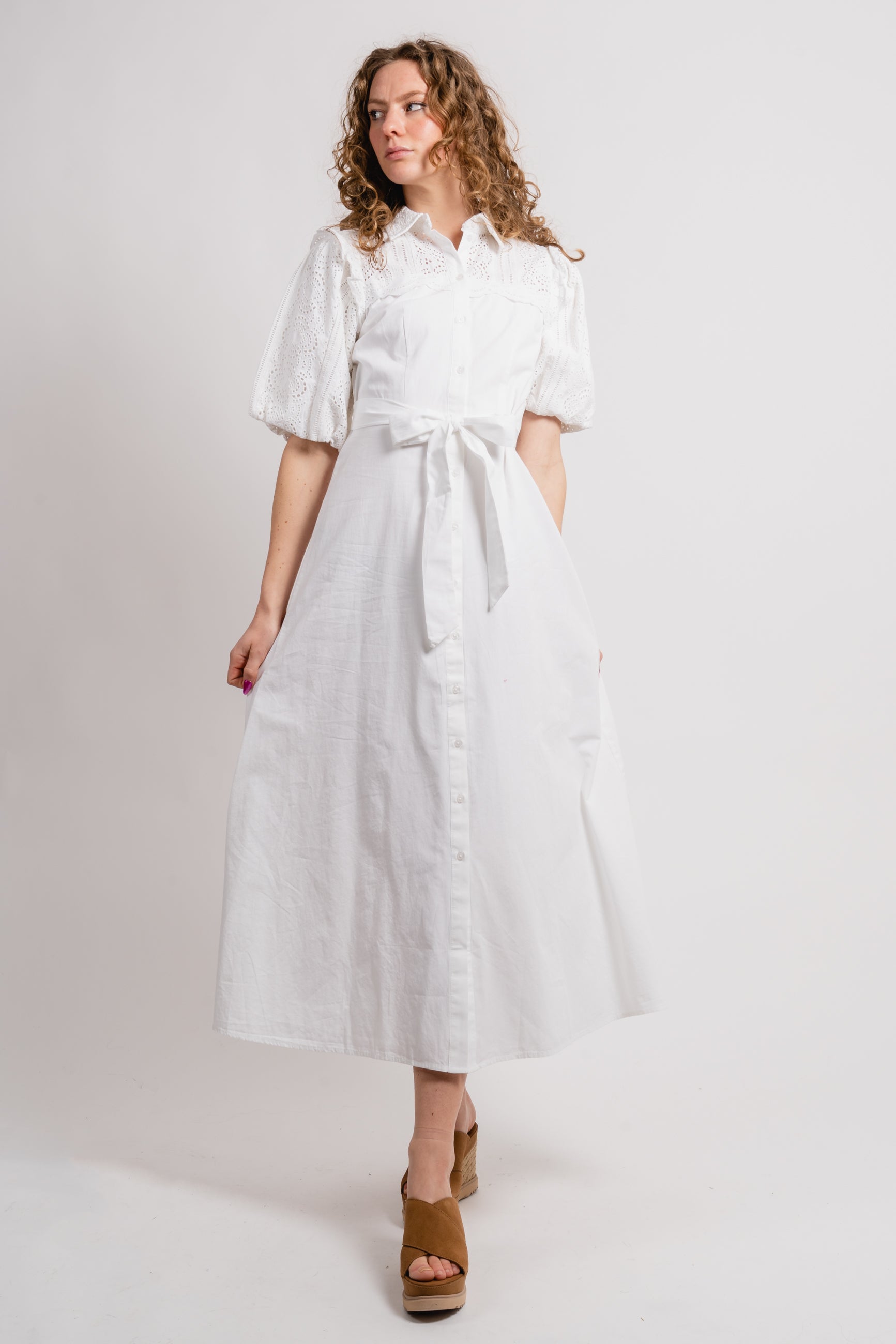 Violette 2/4 Ankle Broderi Dress - Bright White