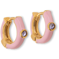 Pink Enamel Huggie Hoop Earrings With Swarovski Crystals - Pale Gold
