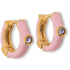 Pink Enamel Huggie Hoop Earrings With Swarovski Crystals - Pale Gold