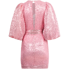 Sequins Puff Sleeve Mini Dress - Pink
