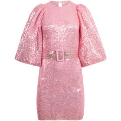 Sequins Puff Sleeve Mini Dress - Pink