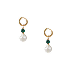 Malachite & Pearl Drop Huggie Hoop - Pearl